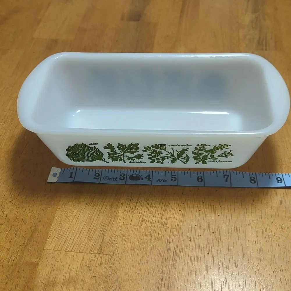 Glasbake Vintage 1960s J522 1.5 Quart Milk Glass Loaf Pan Green Herb Pattern